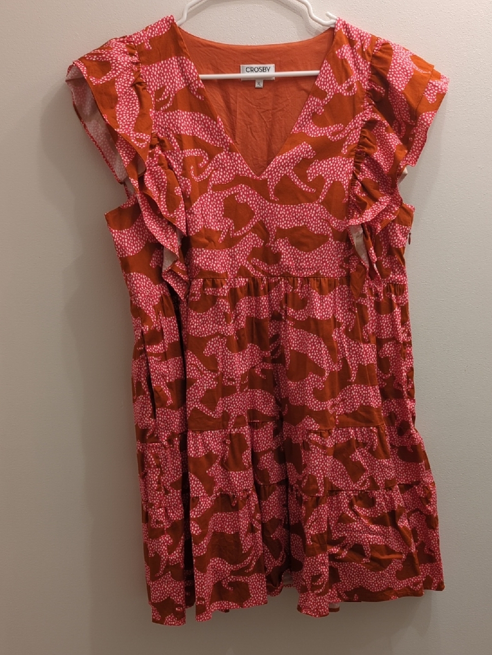 Pink & Rust Ruffle Sleeve V-Neck Dress with Cheetah Print